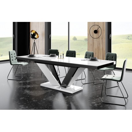 Luxusný rozkladací jedálenský stôl VIVA 2 LESK čierna vrch /čierno biele nohy/čierny podstavec